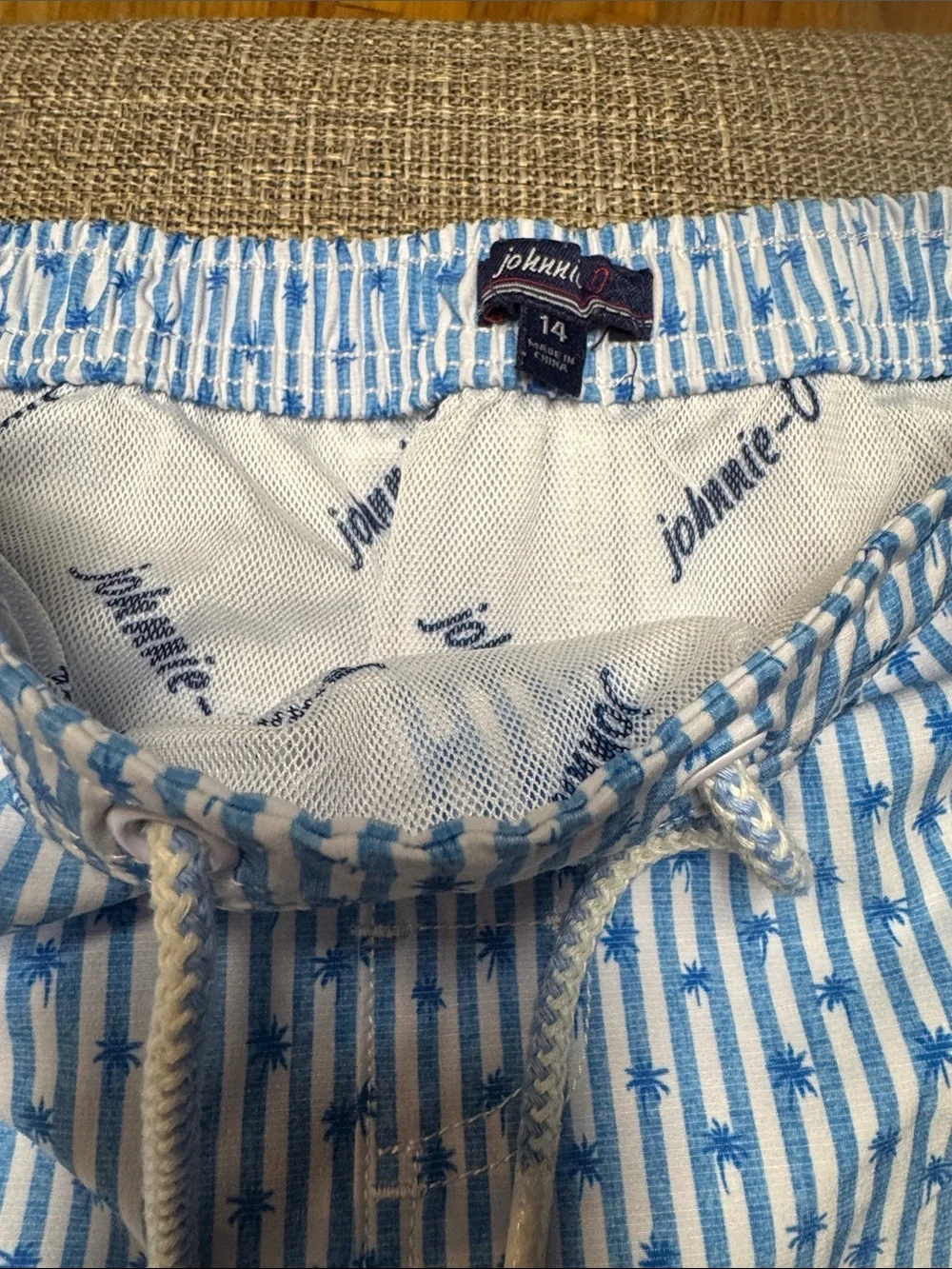 Boys Johnnie- O Blue & White  Palm Swim Trunks boys size 14